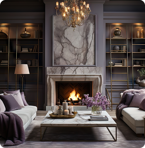 Interior elegante con chimenea, lámpara de araña y estanterías